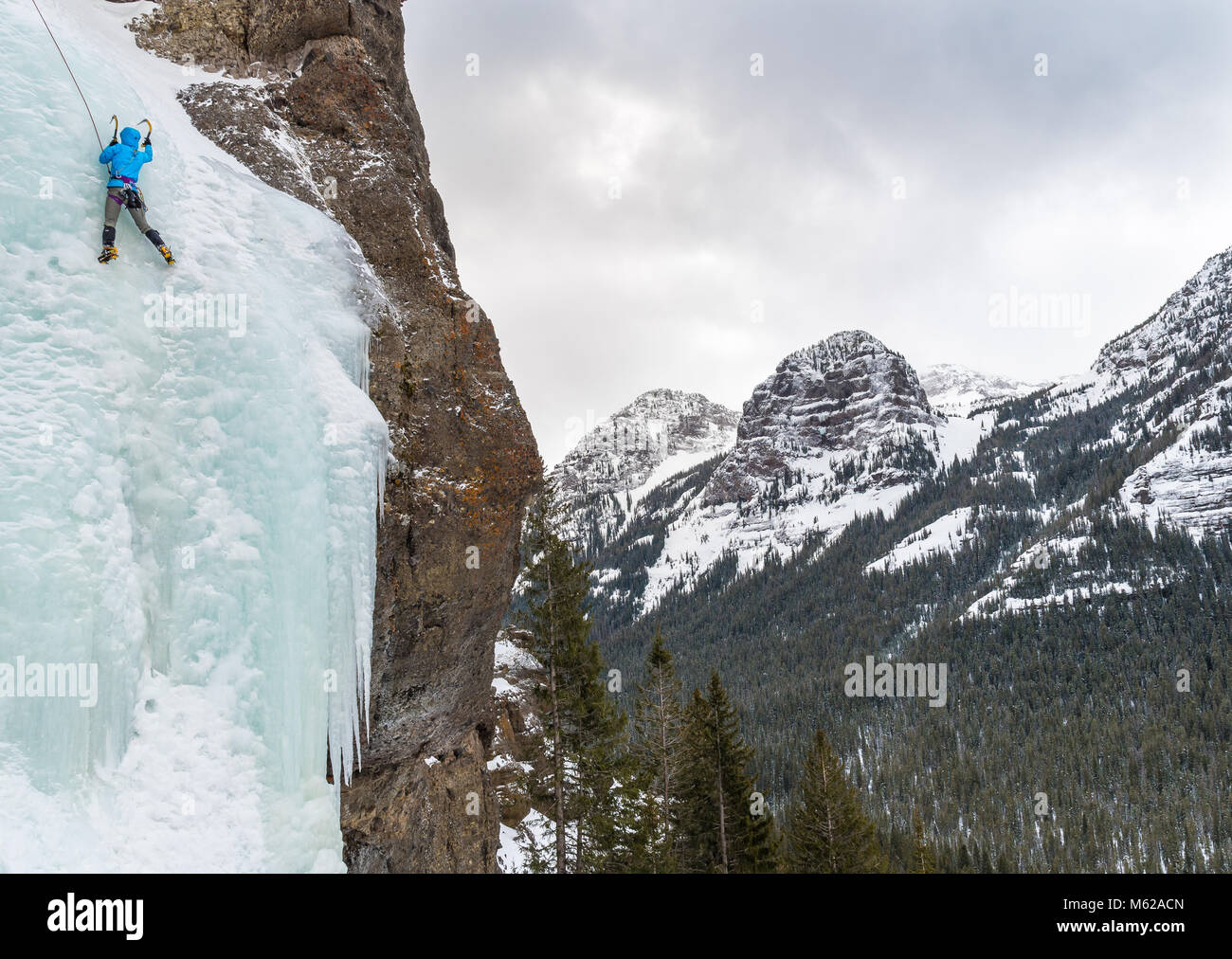 Noelle Synder escalade un itinéraire appelé plus facile WI3 dans Hyalite Canyon Banque D'Images