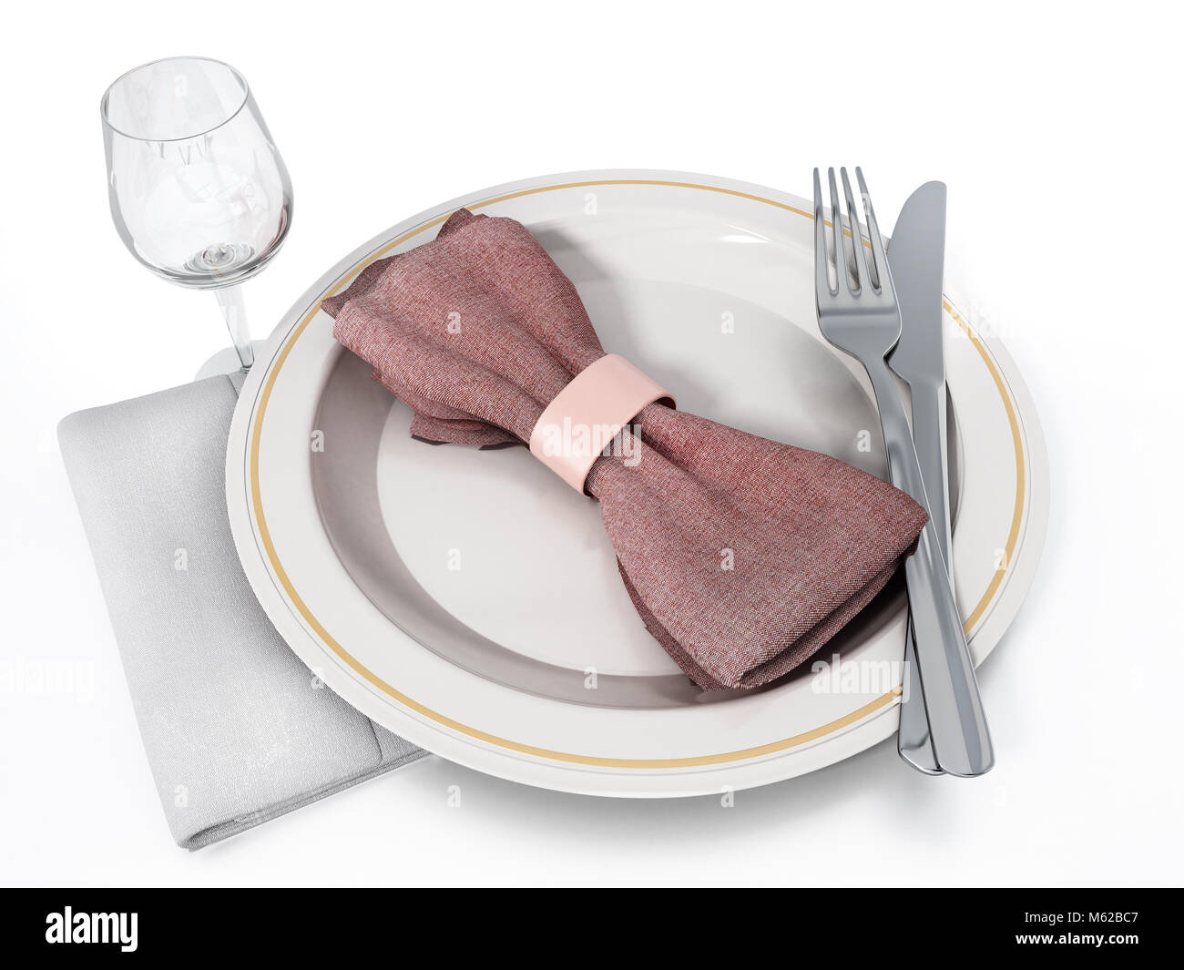 Une assiette, fourchette, couteau, le verre et les serviettes. 3D illustration. Banque D'Images