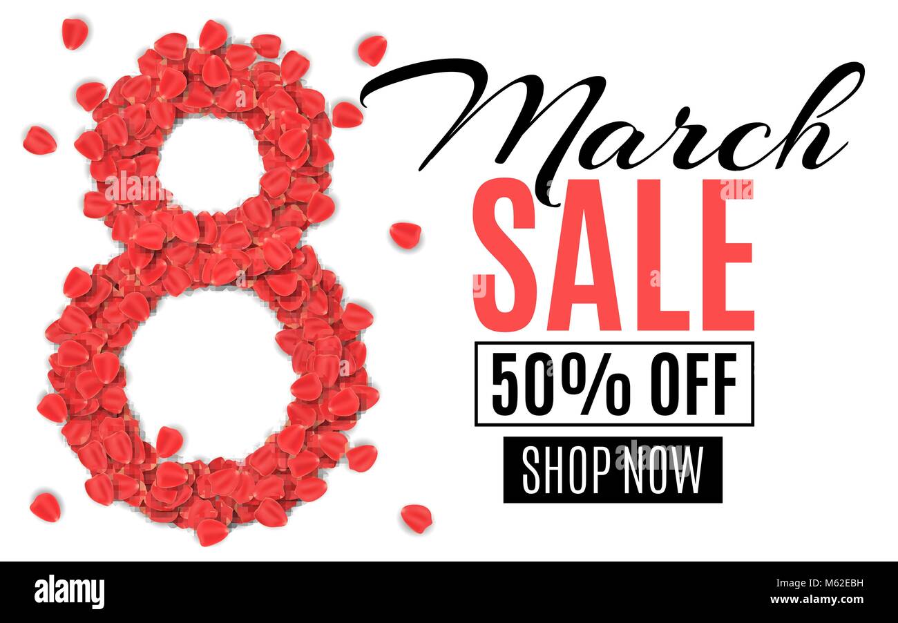 Modèle pour la vente le 8 mars. Chiffre 8 de pétales de rose sur un fond blanc. Offre Spéciale, gros rabais. Women's shopping. Fond romantique pour yo Illustration de Vecteur