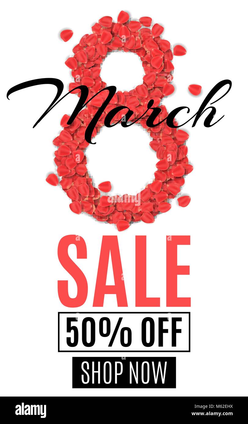 Flyer en vente le 8 mars. Chiffre 8 de pétales de rose sur un fond blanc. Offre Spéciale, gros rabais. Women's shopping. Arrière-plan de votre romantique Illustration de Vecteur