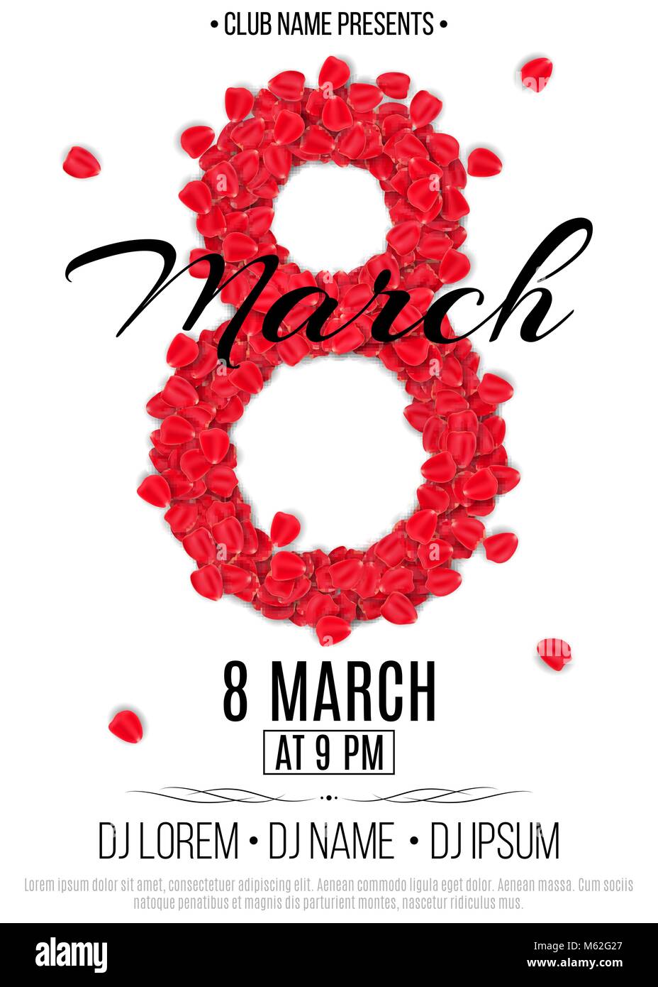 Modèle pour partie le 8 mars. Carte d'Invitation pour le club de nuit. La figure 8 de la pétales de rose rouge. Journée des femmes. Noms des club et DJ. Illus vectoriel Illustration de Vecteur