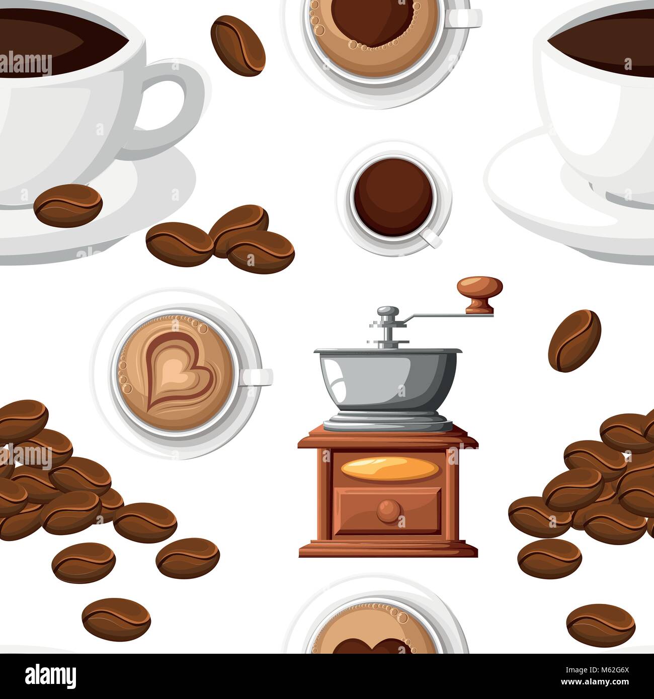 Modèle classique d'une rectifieuse de café avec un tas de grains de café moulin à café manuel et une tasse de café tasse vector illustration isolé sur fond blanc Illustration de Vecteur