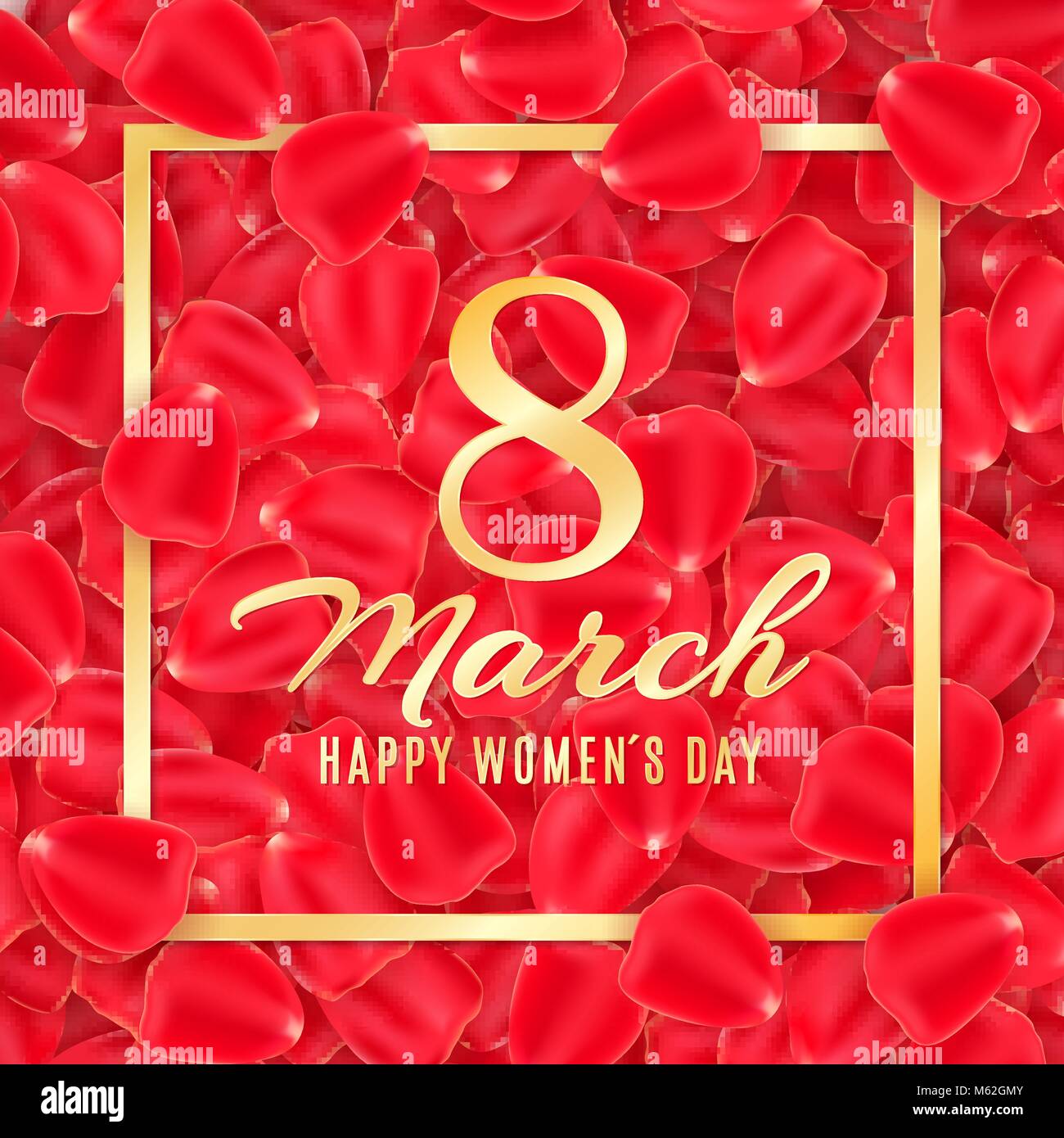 Carte de vœux pour le 8 mars, sur un fond de pétales de rose. Affiche pour la Journée de la femme heureuse. Des pétales de rose et or cadre et texte. Vector illustration. EPS 1 Illustration de Vecteur