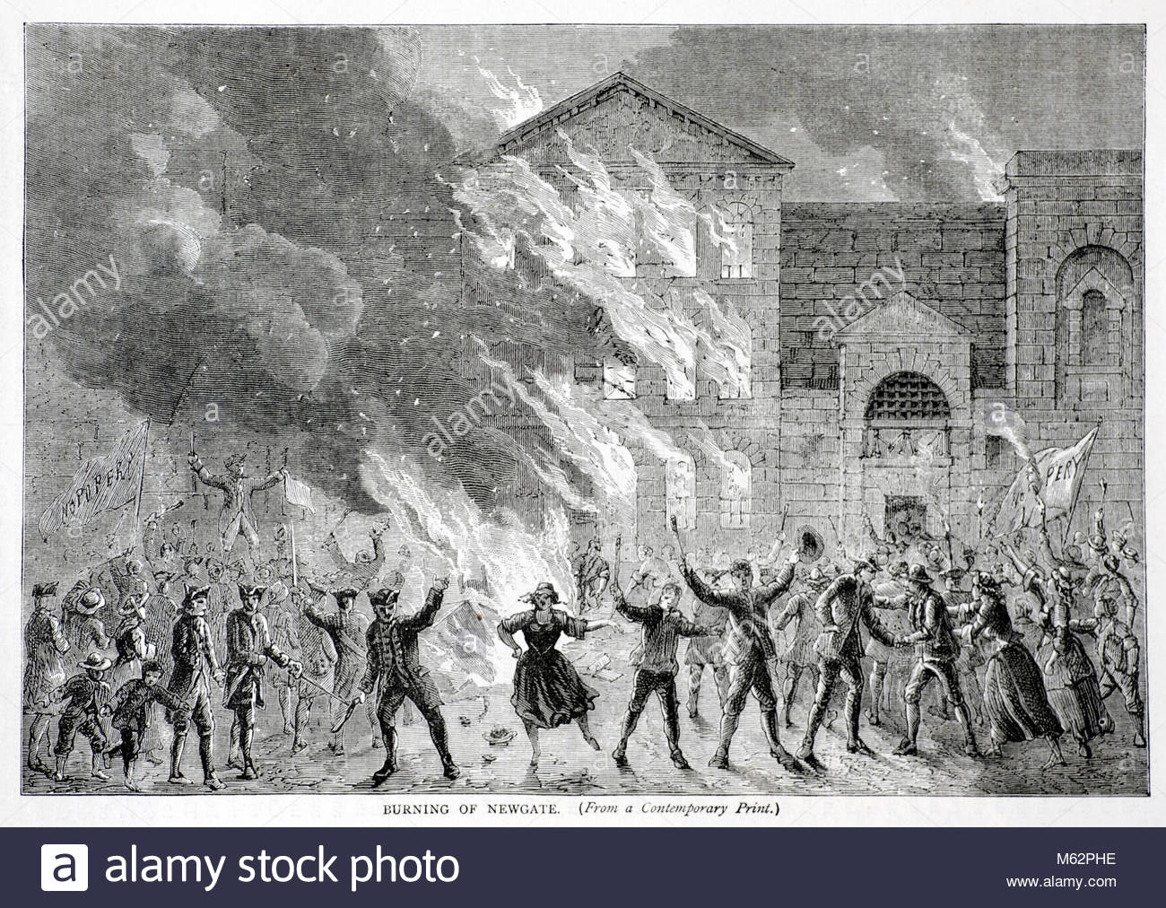 Émeutes et l'incendie de la prison de Newgate, Londres 1780 gravure ancienne de 1875 Banque D'Images