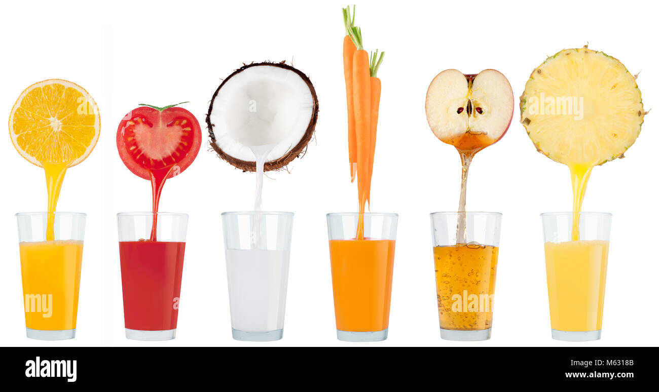 Image conceptuelle - jus frais verse de fruits et légumes dans un verre. Photo sur un fond blanc. Banque D'Images