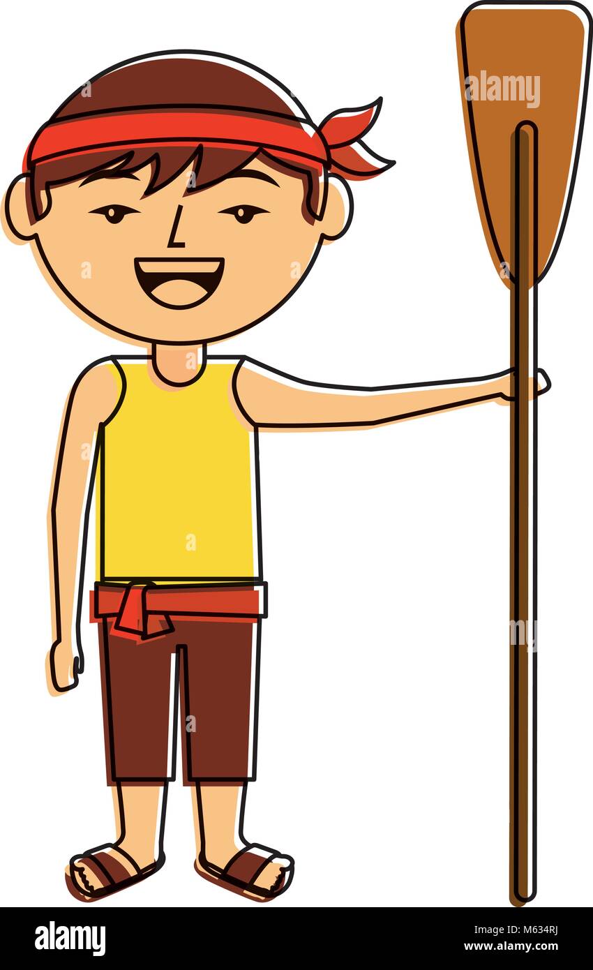 Funny cartoon chinese man standing holding oar en bois Illustration de Vecteur