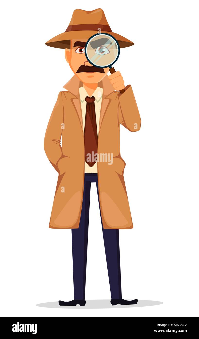 Le détective en chapeau et manteau. Beau personnage tenant une loupe