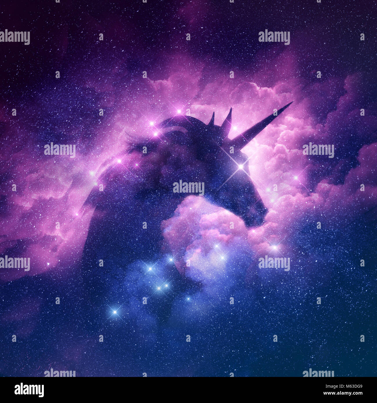 Une licorne silhouette dans une galaxie nebula cloud. Illustration Raster. Banque D'Images