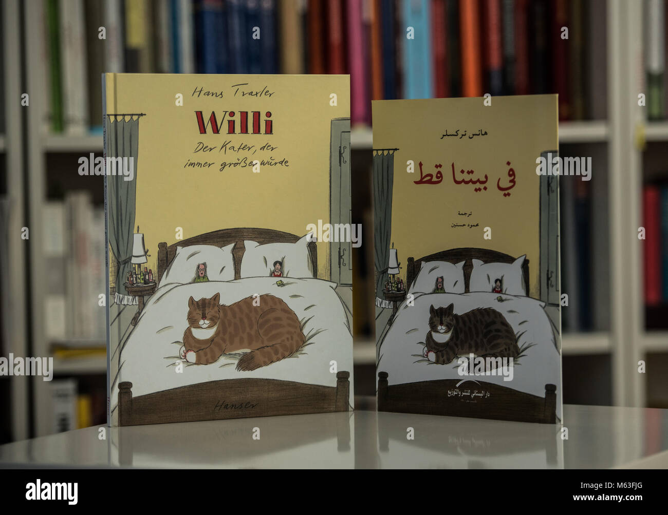 Mannheim Allemagne 16 Fevrier 18 Le Livre Willi Le Chat Que Croissant Dans L Original L Et Dans La Traduction En Arabe Devant Une Etagere A Mannheim Allemagne 16 Fevrier 18 Un