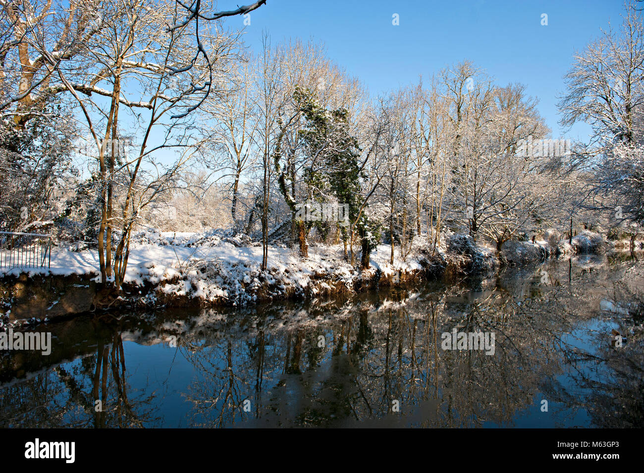 Tonbridge, Kent, UK. 28 février 2018. La rivière Medway et la neige laden arbres. Crédit : Patrick nairne/Alamy Live News Banque D'Images