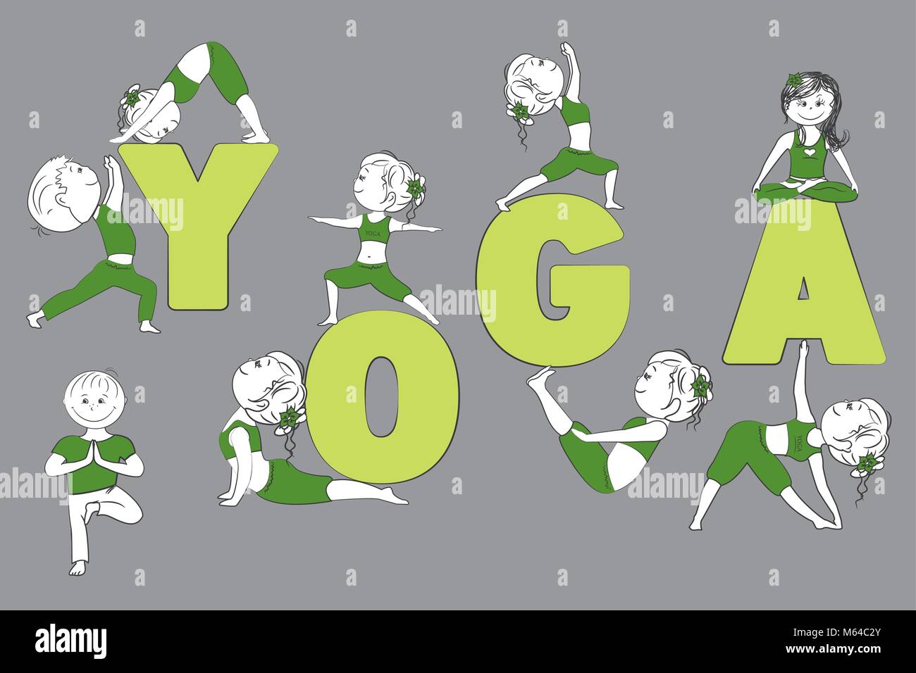 Mot de yoga et sourire les gens dans diverses postures de yoga, vector Illustration de Vecteur