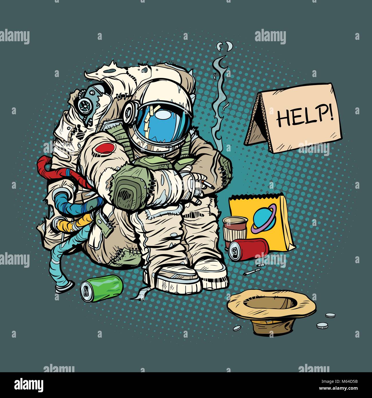 Concept Crowdfunding. Un pauvre astronaute sans-abri demande que l'argent Illustration de Vecteur