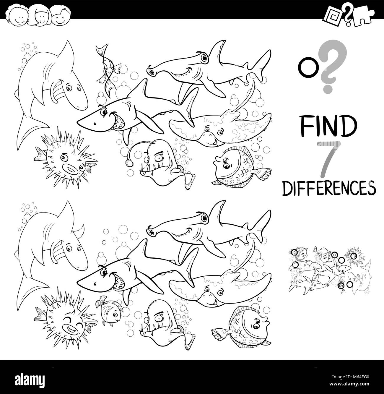 Illustration Cartoon noir et blanc de trouver sept différences entre images Activité éducative Game pour enfants avec des animaux marins Poissons Characte Illustration de Vecteur
