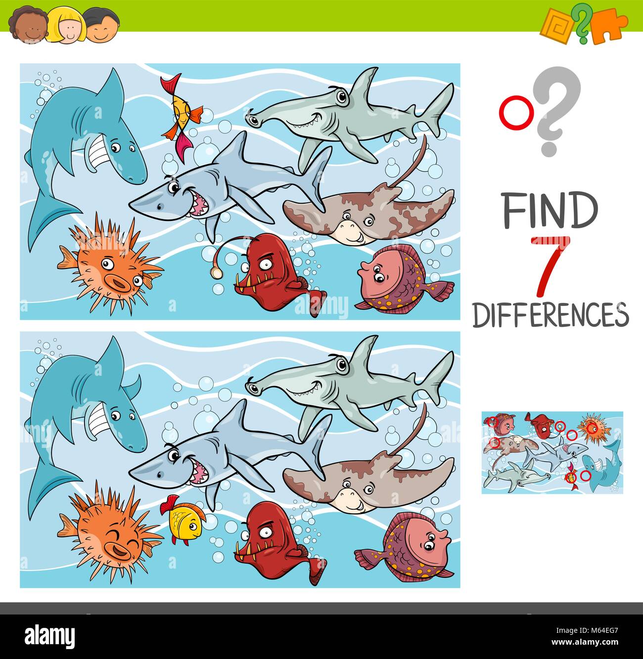 Cartoon Illustration de trouver sept différences entre images Activité éducative Game pour enfants avec des animaux marins Poissons Groupe Caractères Illustration de Vecteur