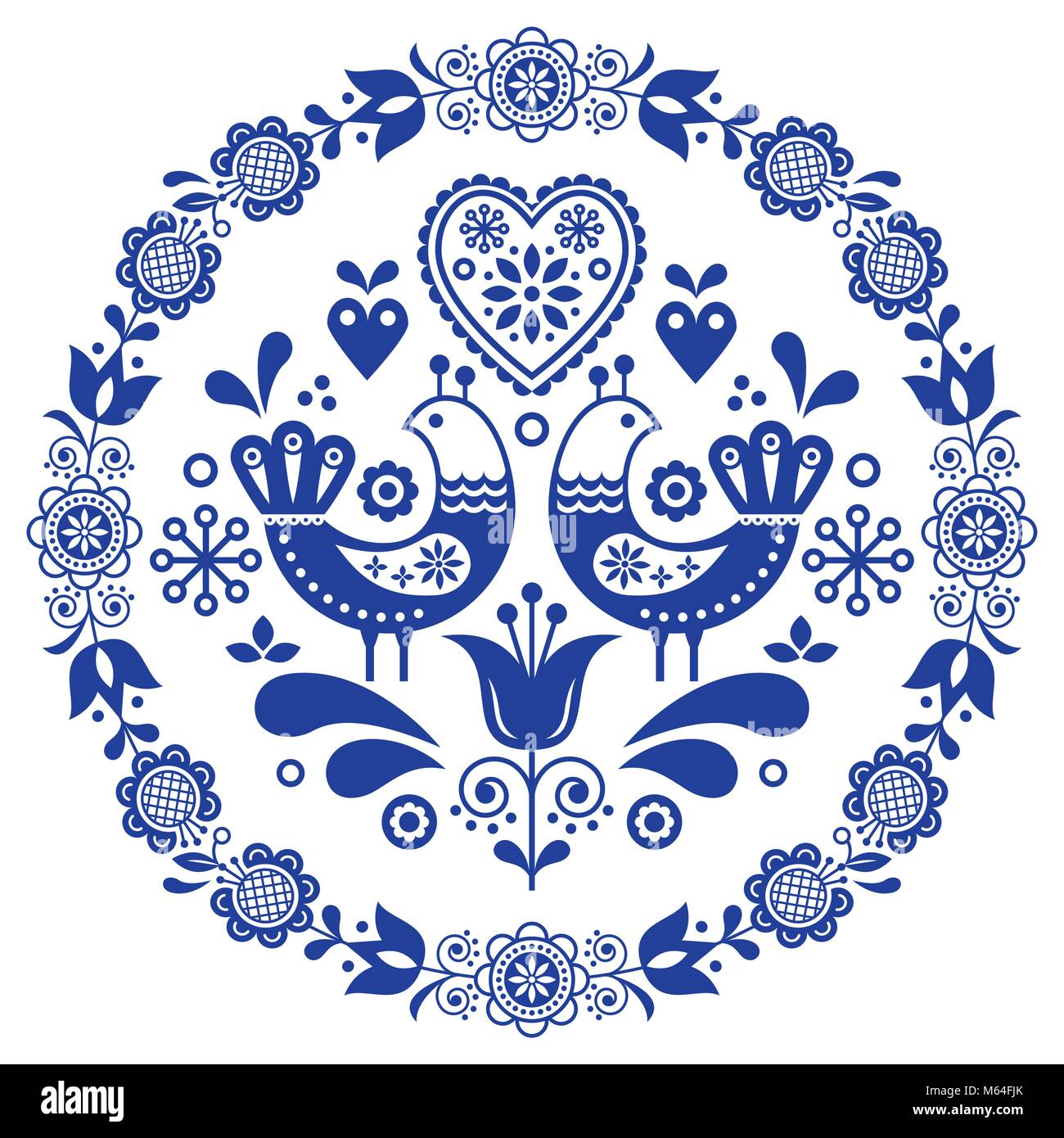 Vecteur d'art populaire d'ornement rond cadre avec des oiseaux, des coeurs,  et des fleurs, le design scandinave en cercle Image Vectorielle Stock -  Alamy
