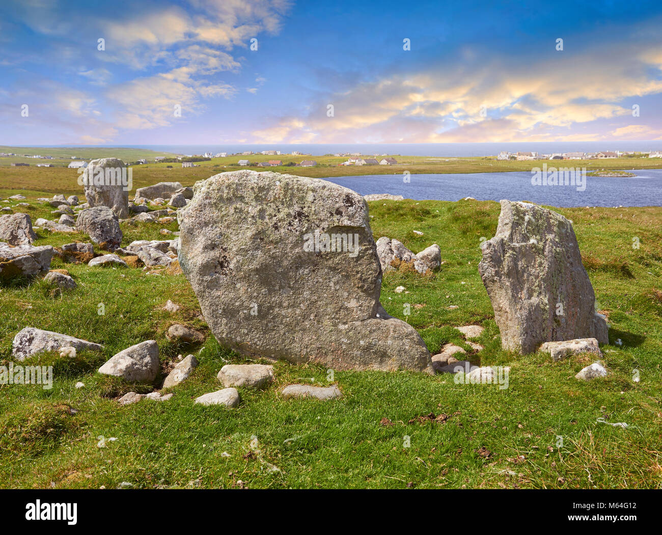 Steinacleit la préhistoire Mégalithes, avec un cercle de pierre d'un burial mound, date inconnue, mais n'importe où entre 1500-3000BC, Lewis, Hébrides extérieures, Banque D'Images