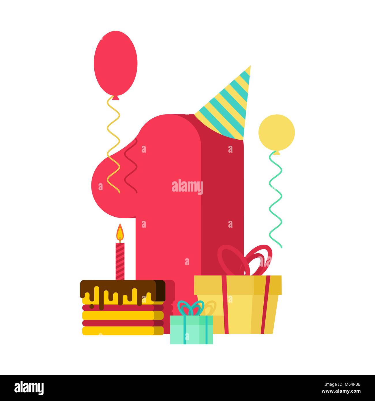 Joyeux Anniversaire 1 An Carte De Vœux 1e Anniversaire Du Modele L Un Figure Et Festif Du Gateau Avec Bougie Ballon Et Boite Cadeau Image Vectorielle Stock Alamy