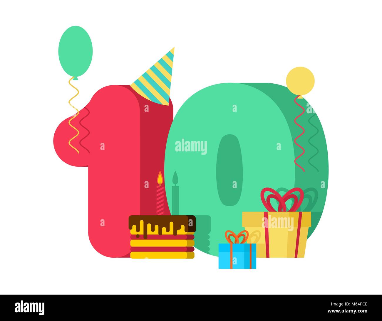 Carte De Voeux Anniversaire 10 Ans Modele De La Celebration Du 10eme Anniversaire Numero Dix Et Festif Du Gateau Avec Bougie Ballon Et Boite Cadeau Image Vectorielle Stock Alamy