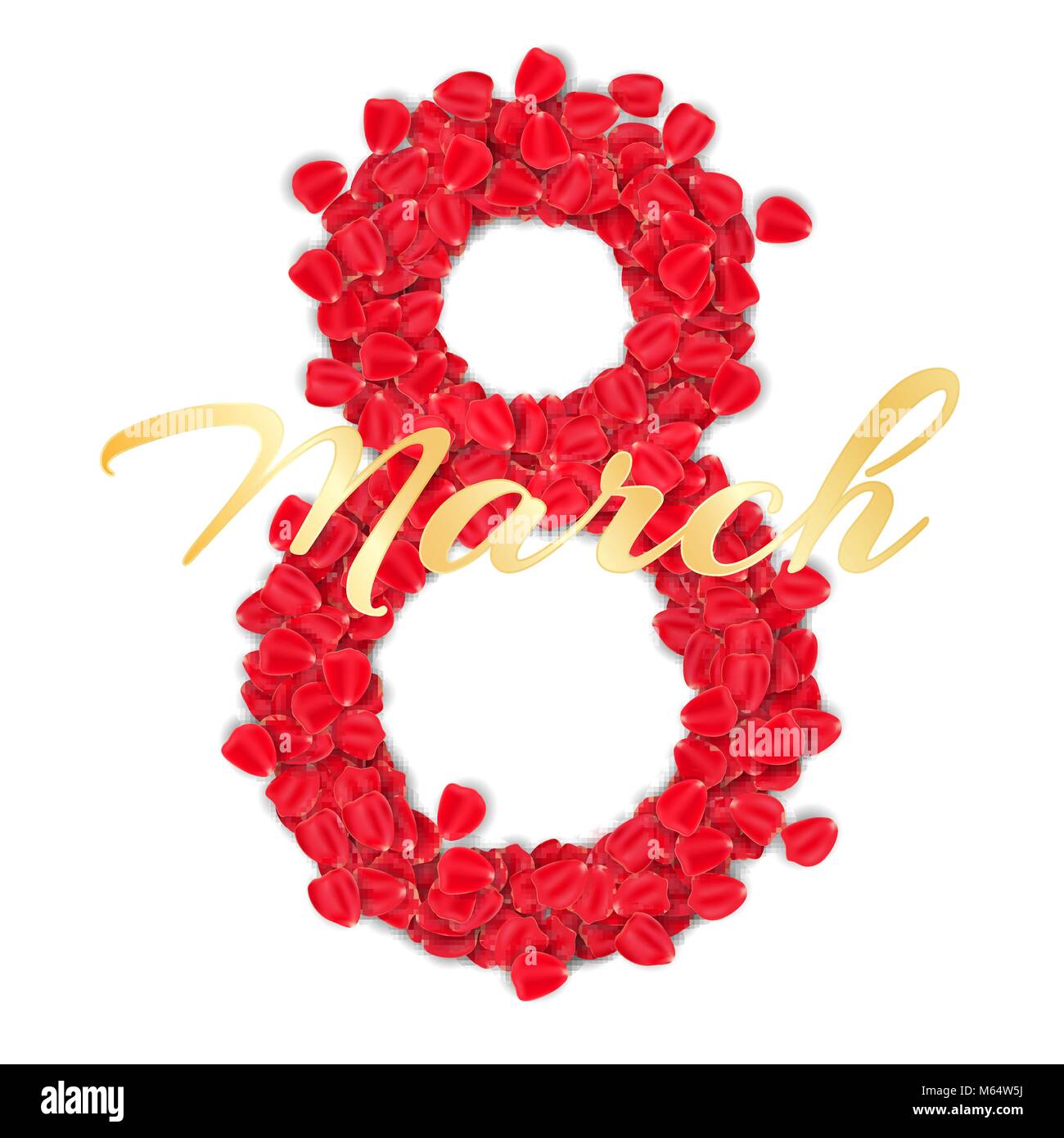 Carte de vœux pour le 8 mars sur fond blanc. luxueuse brochure pour professionnels Womens Day. La figure 8 de pétales de rose. L'or. Texte calligraphié en or. Vector Illustration de Vecteur