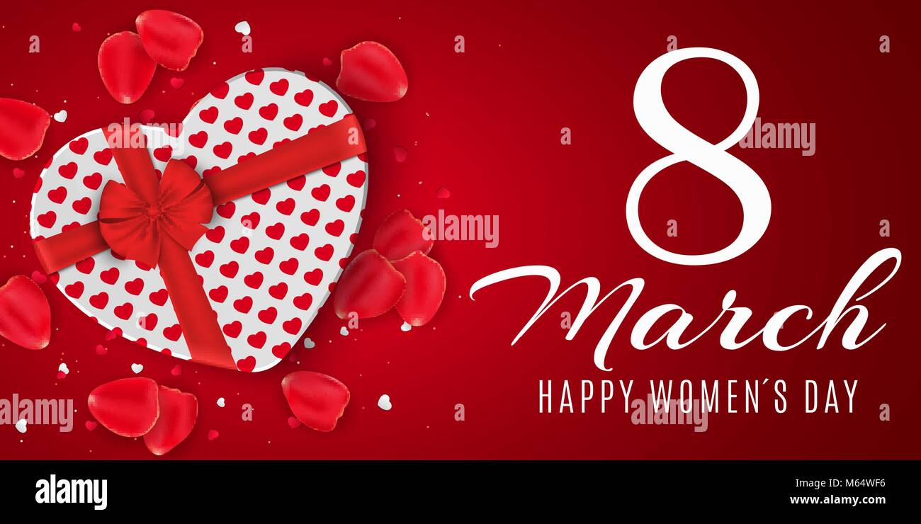 Carte de vœux pour le 8 mars. Boîte cadeau rouge de coeur sur heureux womens day. Fond rouge clair. Des pétales de rose et de confettis. Vector illustration. EPS 10 Illustration de Vecteur