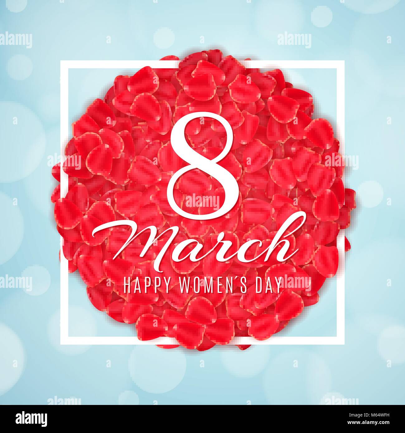 Bannière de saison pour le 8 mars. Carte de vœux pour l'Heureux Jour de la femme. Des pétales de rose dans cadre blanc. Fond bleu clair avec feux résumé bokeh. Vector Illustration de Vecteur