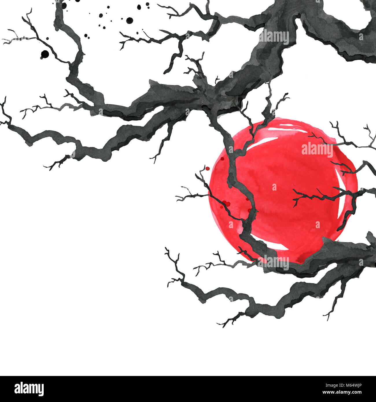 Branche d'arbre dans le style japonais. Peinture à la main à l'Aquarelle illustration Banque D'Images