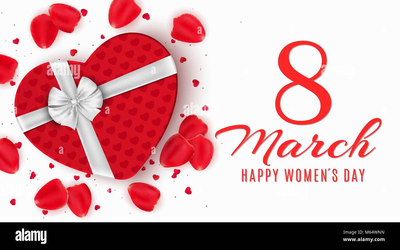 Carte de vœux pour le 8 mars. Boîte cadeau rouge de coeur sur heureux womens day. La lumière arrière-plan blanc. Des pétales de rose et de confettis. Bannière sur le 8 mars. Vector illu Illustration de Vecteur