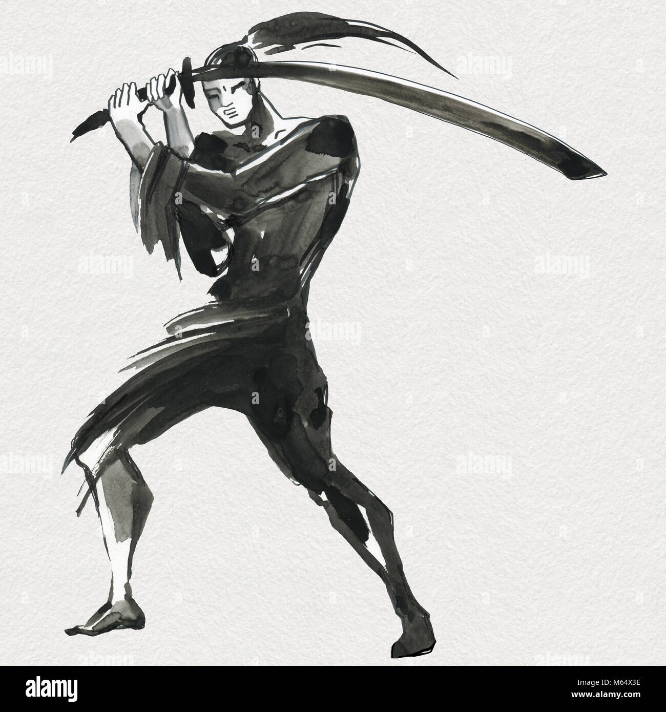 Silhouette samouraï. Style Chinois. Peinture à la main à l'Aquarelle illustration Banque D'Images