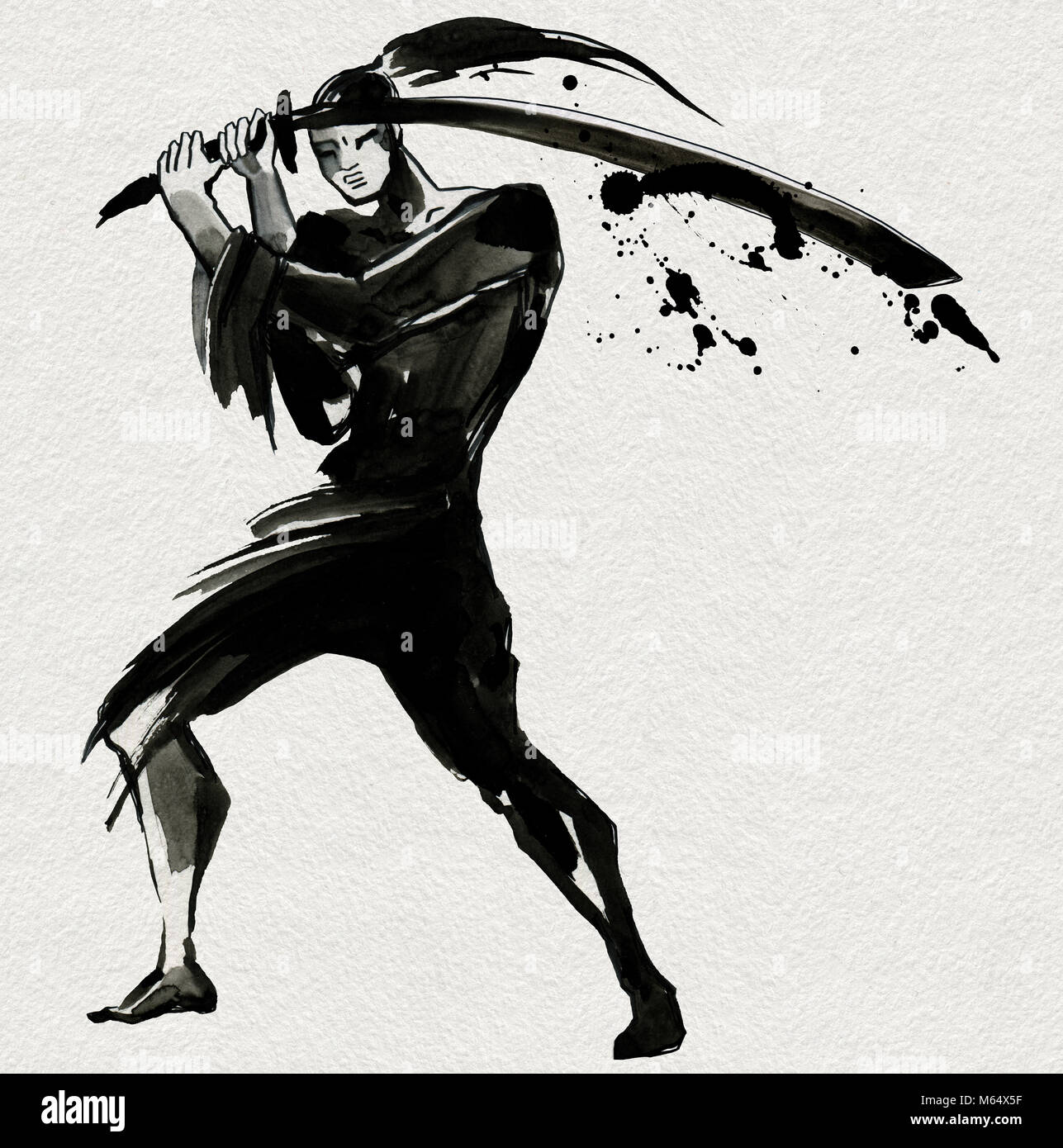 Silhouette samouraï. Style Chinois. Peinture à la main à l'Aquarelle illustration Banque D'Images