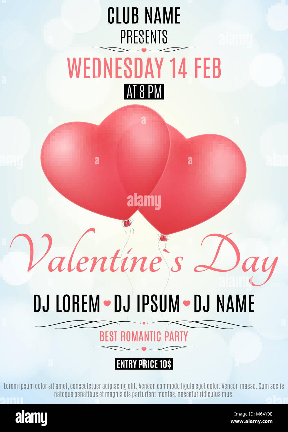 Valentines Day party flyer. Flying ballon rouge du coeur. Composition romantique. Reflets de lumière effet bokeh. Carte d'Invitation au club. Vector illustration. Illustration de Vecteur