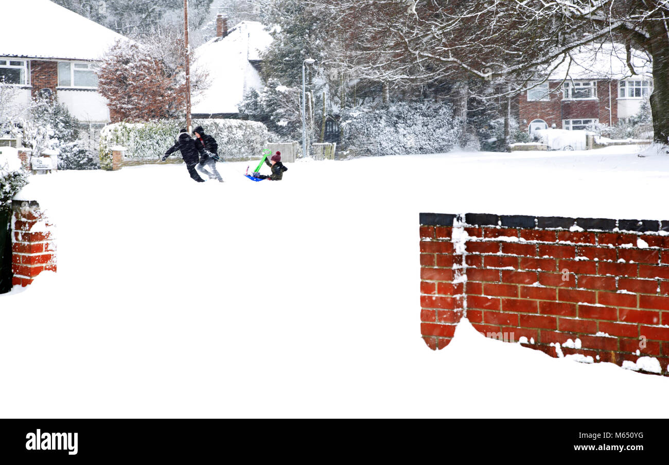 Trois enfants s'amusant dans la neige après les fortes chutes de neige en Hellesdon, Norfolk, Angleterre, Royaume-Uni, Europe. Banque D'Images