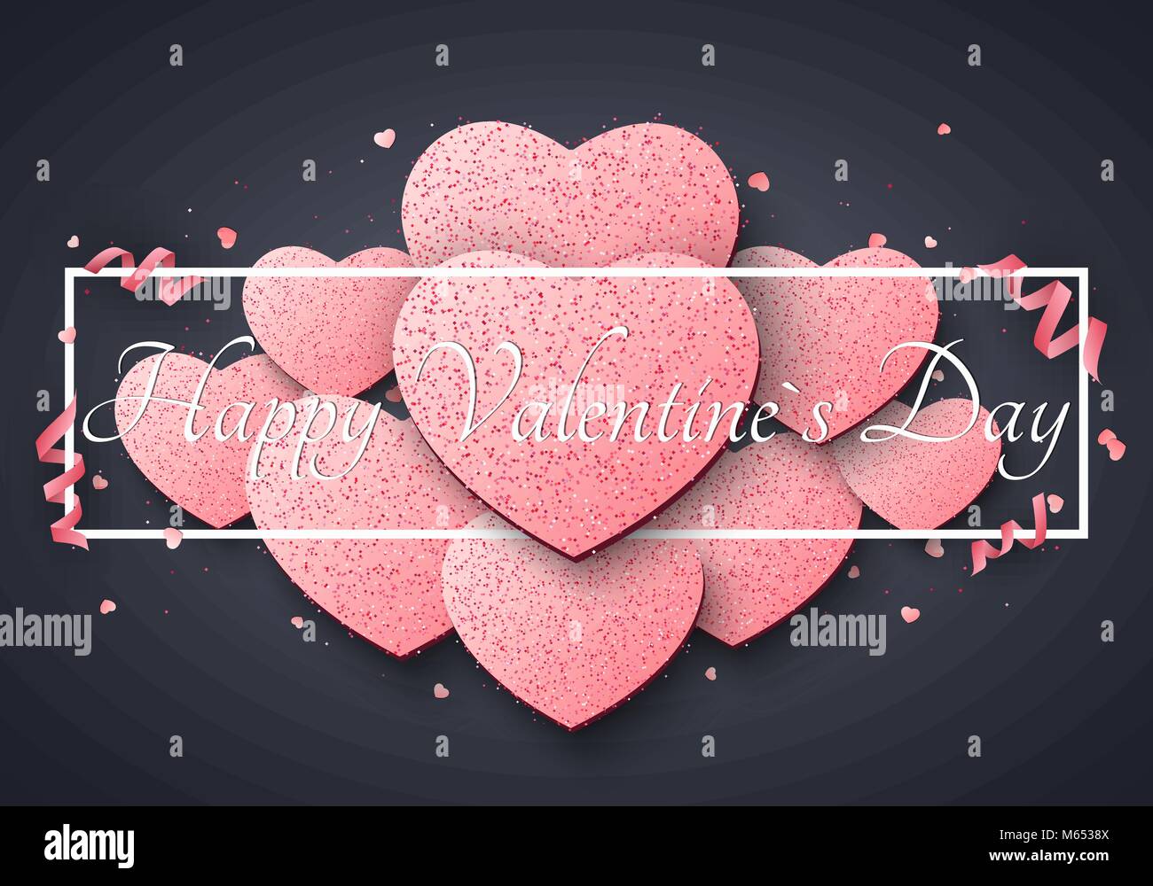 Carte de luxe romantique pour la Saint-Valentin. Big light pink hearts de paillettes. Curl rubans et confettis. Abstract bannière publicitaire avec un cadre noir Illustration de Vecteur