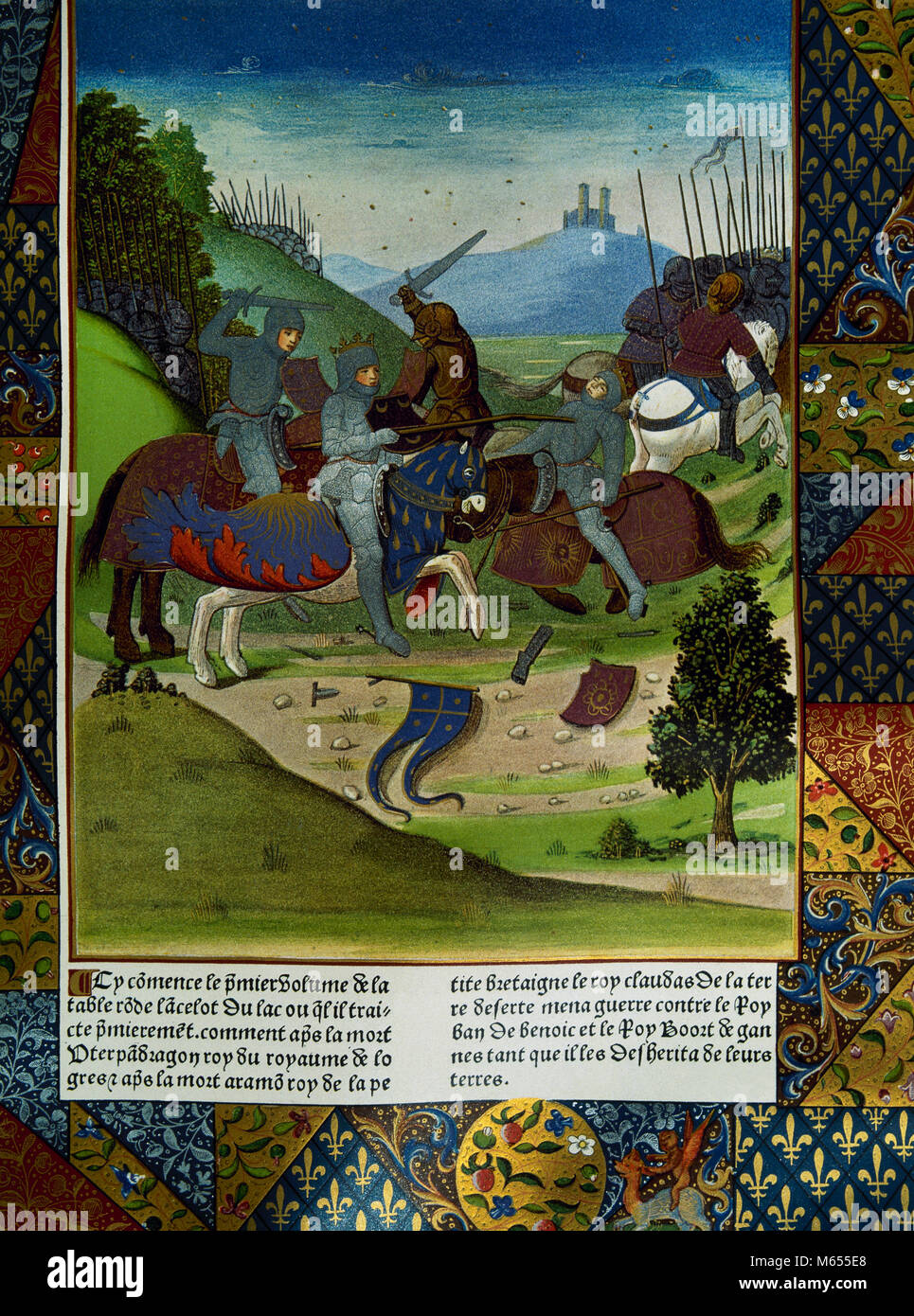 Miniature française représentant un combat de chevaliers médiévaux. Bibliothèque nationale, Paris, France. Banque D'Images