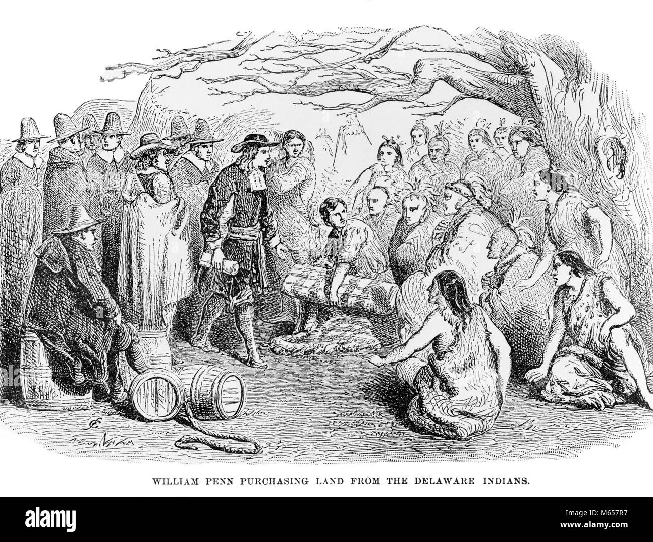 Années 1600 Le 23 juin 1683 WILLIAM PENN ACHETER DES TERRES DE LA DELAWARE INDIENS SOUS LE TRAITÉ DE L'ORME À SHACKAMAXON TEXAS - i © Honeywell International Inc. - août 2001 FIL001 NOIR ET BLANC DE LA STATION DE RECHERCHE DE L'ORIGINE ETHNIQUE DU CAUCASE DU NORD DE L'ORME LES LENAPES LENNI LENAPE JUIN INDIENS DELAWARE OLD FASHIONED QUAKERS SHACKAMAXON LE COMMERCE DE MARCHANDISES TRAITÉ WILLIAM WILLIAM PENN Banque D'Images