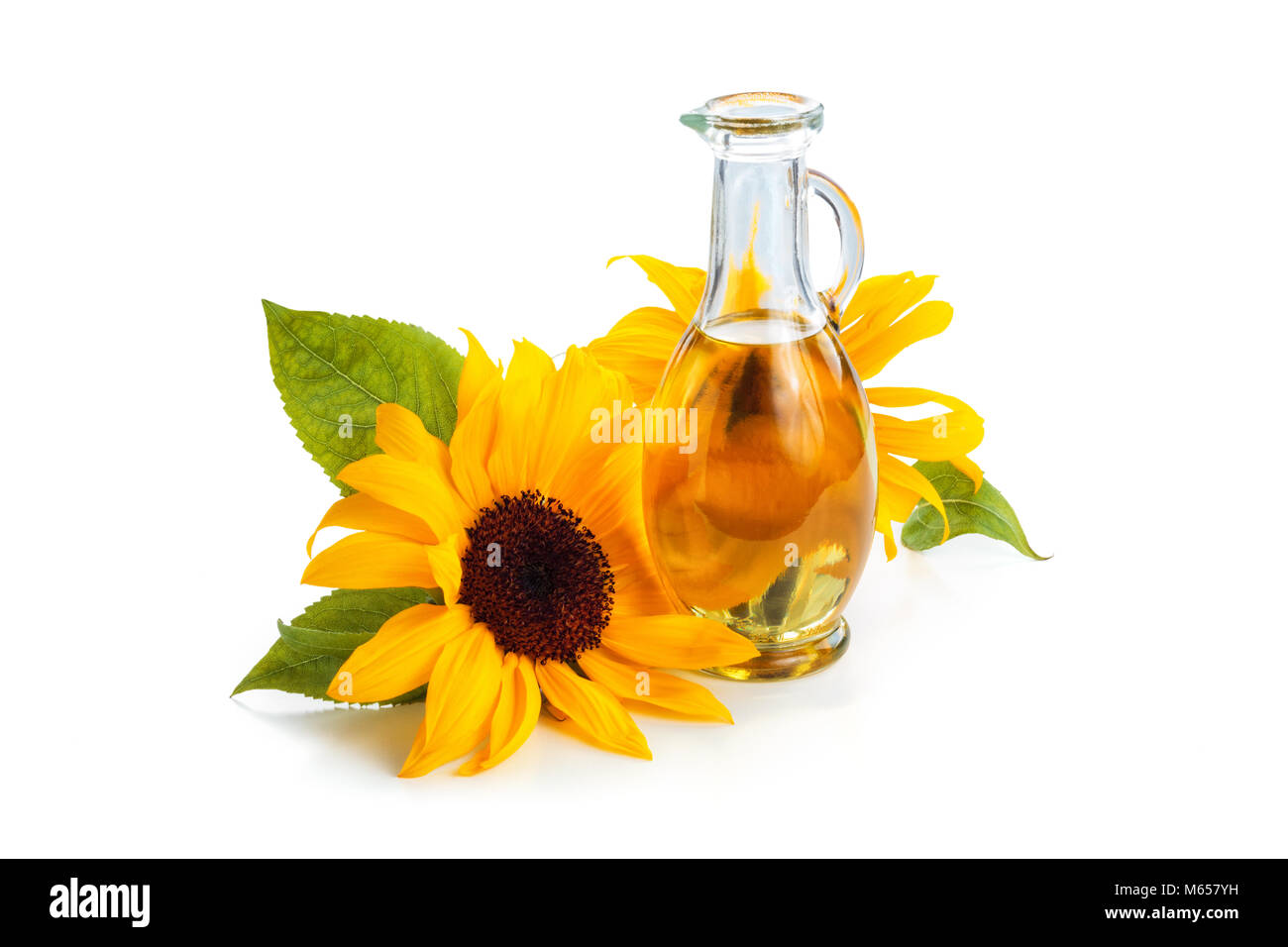 Le tournesol, l'huile de tournesol et de graines de tournesol. Isolé sur fond blanc. Banque D'Images