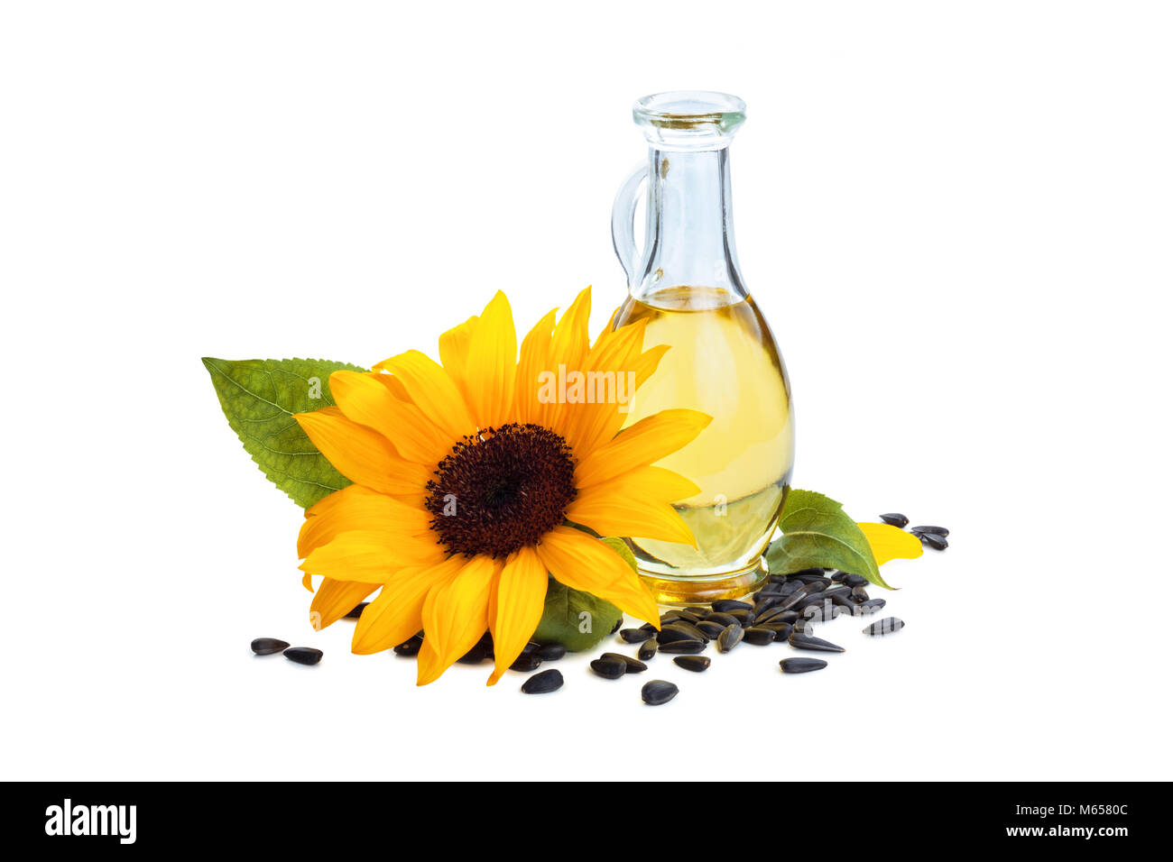 Le tournesol, l'huile de tournesol et de graines de tournesol. Isolé sur fond blanc. Banque D'Images