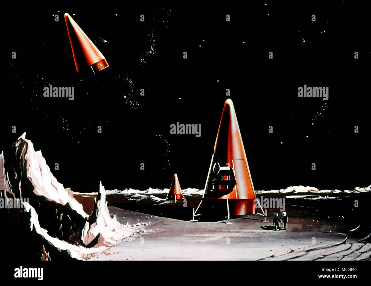 1960 DESSIN DE LA NASA PLANÈTE VAISSEAU EN FORME DE CÔNE LES ASTRONAUTES EXPLORATION SCIENCE-FICTION SC-FI ESPACE VOYAGE - ka1382 HAR001 SF HARS Banque D'Images