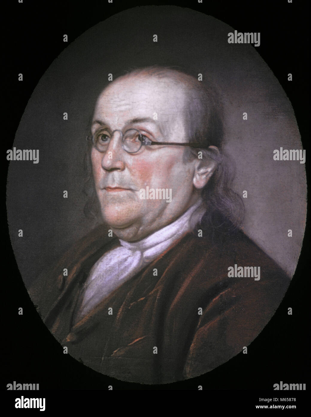 PORTRAIT Benjamin Franklin en 1785, le port de lunettes bifocales PEINTURE DE CHARLES WILLSON PEALE - ka3746 PLE001 HARS, TÊTE ET ÉPAULES COURAGE ANTIQUE POLITICIEN LEADERSHIP INNOVATION 1776 GUERRE DE L'indépendance politique de l'AUTORITÉ DES AÎNÉS 70 ARTS ADULTES AUTEUR RÉVOLTE RÉVOLUTION AMÉRICAINE 1770 inventeur des lunettes à double foyer 1785 colonies mâles de race blanche l'ethnicité CHARLES WILLSON PEALE DIPLOMAT PÈRES FONDATEURS OLD FASHIONED PERSONNES POLYMATHE PEALE Banque D'Images