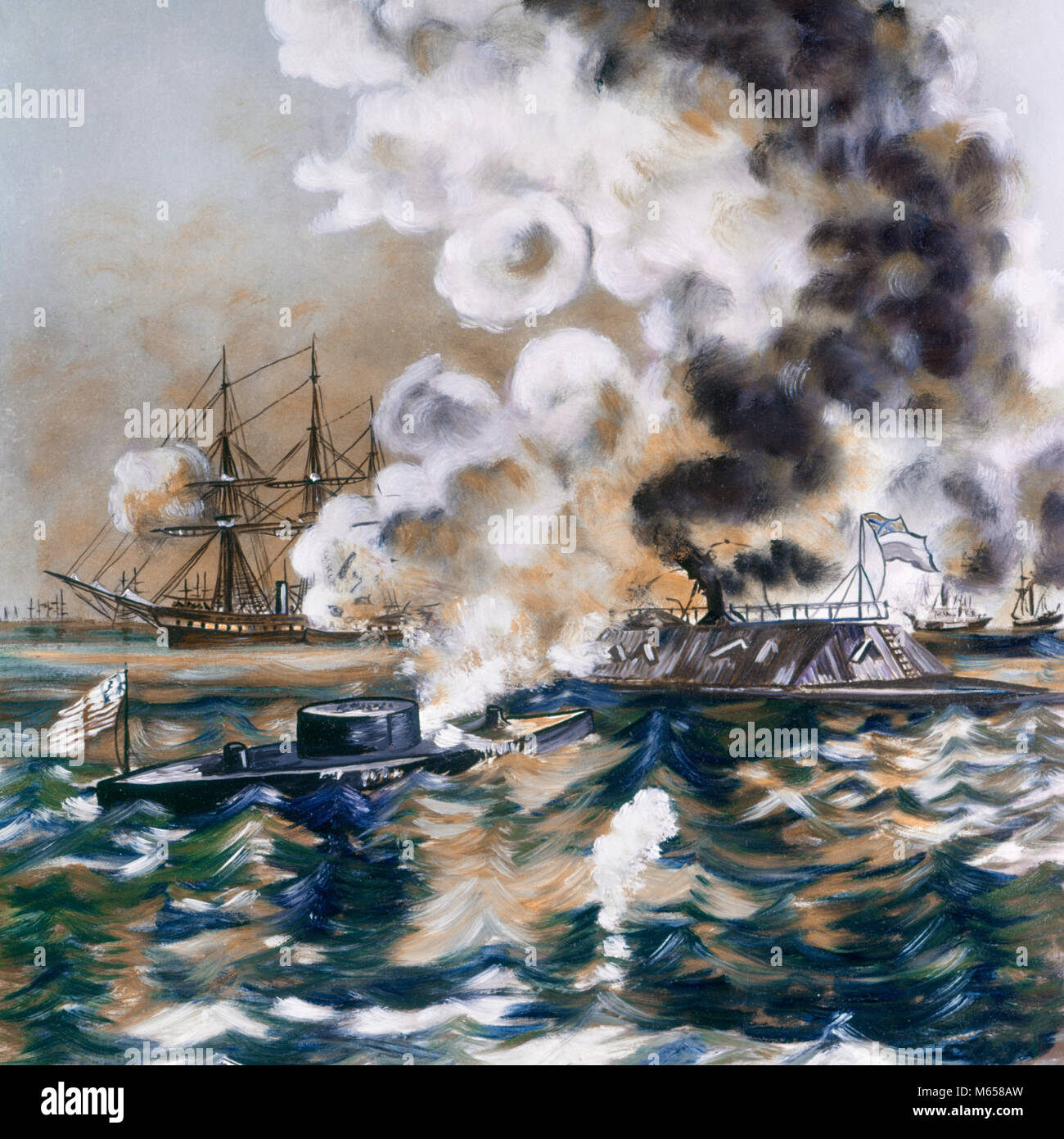 Années 1800 Années 1860 MARS 1862 BATAILLE DE PEINTURE DE MONITEURS ET MERRIMAC MERRIMACK PREMIER FER À REPASSER FER NAVIRES DE COMBAT GUERRE CIVILE - ka747 SPL001 HARS 1860 MOBILITÉ DES ARTS IMAGES MONITEUR & CONTRADICTOIRES 1862 AMERICAN CIVIL WAR BATTLES AUX PRISES AVEC DES CONFLITS DE GUERRE CIVILE du métal ferreux CSS IRONCLAD Hampton Roads marcheur de cuirassés MERRIMAC MERRIMACK ACTION NAVALE Old Fashioned Banque D'Images