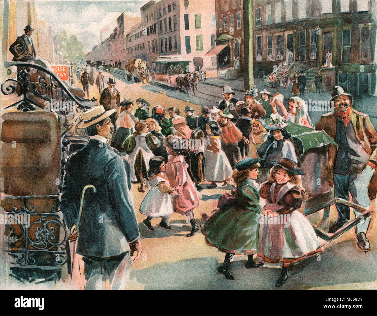 Années 1890 Années 1900 DEMI-TEINTE COULEUR TROTTOIR DANSE ENFANTS ANCIEN ORGUE DE BARBARIE JOUANT DE LA MUSIQUE NEW YORK CITY USA - ka9188 CPC001 HARS TROTTOIRS NEW YORK VILLES NEW YORK CITY GRIDER OLD FASHIONED TROLLEY Banque D'Images