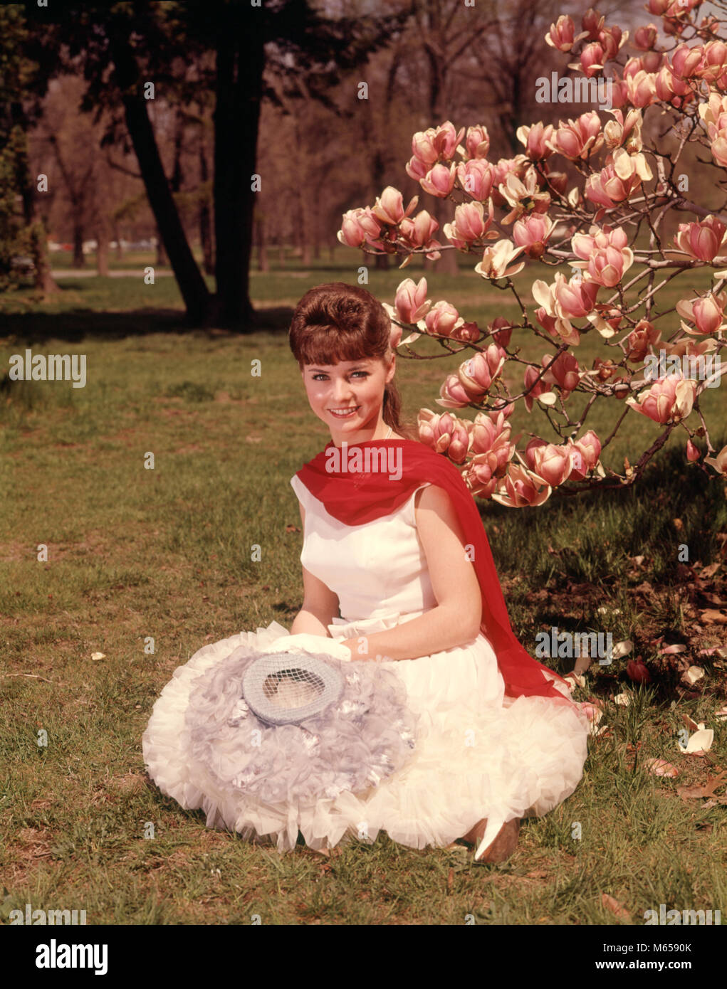 1960 JEUNE FEMME ASSISE AVEC MAGNOLIA ARBRE EN FLEURS PRINTEMPS HAT FOULARD ROUGE GANTS BLANCS ET DRESS LOOKING AT CAMERA - kb5215 HAR001 HARS, banlieue chic COULEUR PRINTEMPS CHIFFRES OLD TIME 1 OLD FASHION STYLE JUVÉNILE CAUCASIENS JEUNES ADULTES HEUREUX JOIE VIE BELLE FEMMES SANTÉ UNE personne adulte uniquement copier toute la longueur de l'espace, mi-longueur MESDAMES INSPIRATION SIÉGER GROWN-UP TEENAGE GIRL SÉRÉNITÉ NOSTALGIE CONTACT oculaire de 20 à 25 ans jeune BRUNETTE JOYEUX BONHEUR DÉTENTE LOISIRS BLOSSOM 18-19 ANS POSANT SOURIRE ADOLESCENT joyeux chef-WARE Southern Belle fleurs Juvéniles Banque D'Images