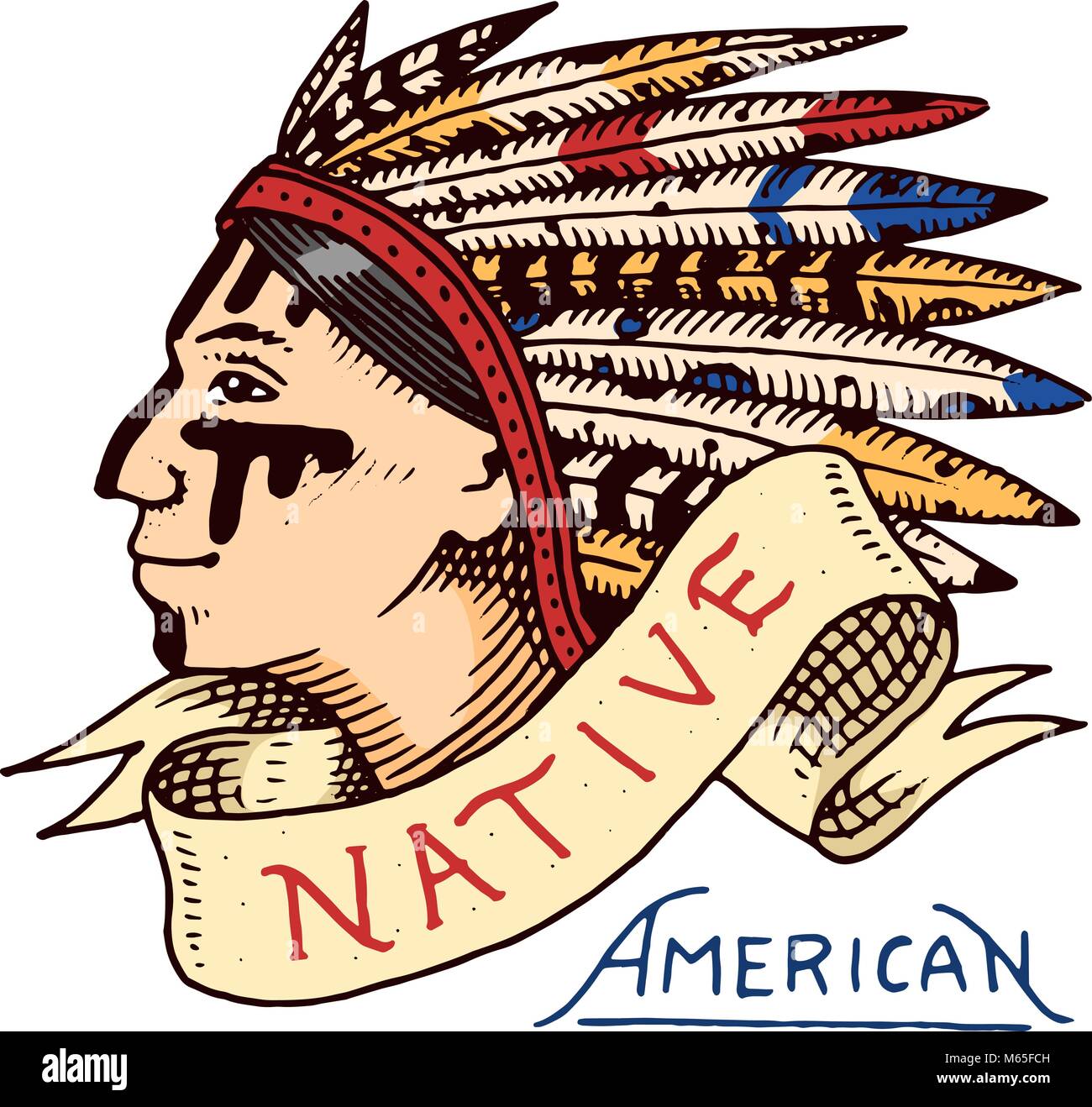 Native American. vieille peau rouge indien. Étiquette et badge. cherokee ou apache, chef traditionnel. gravé à la main dans de vieux croquis. Illustration de Vecteur
