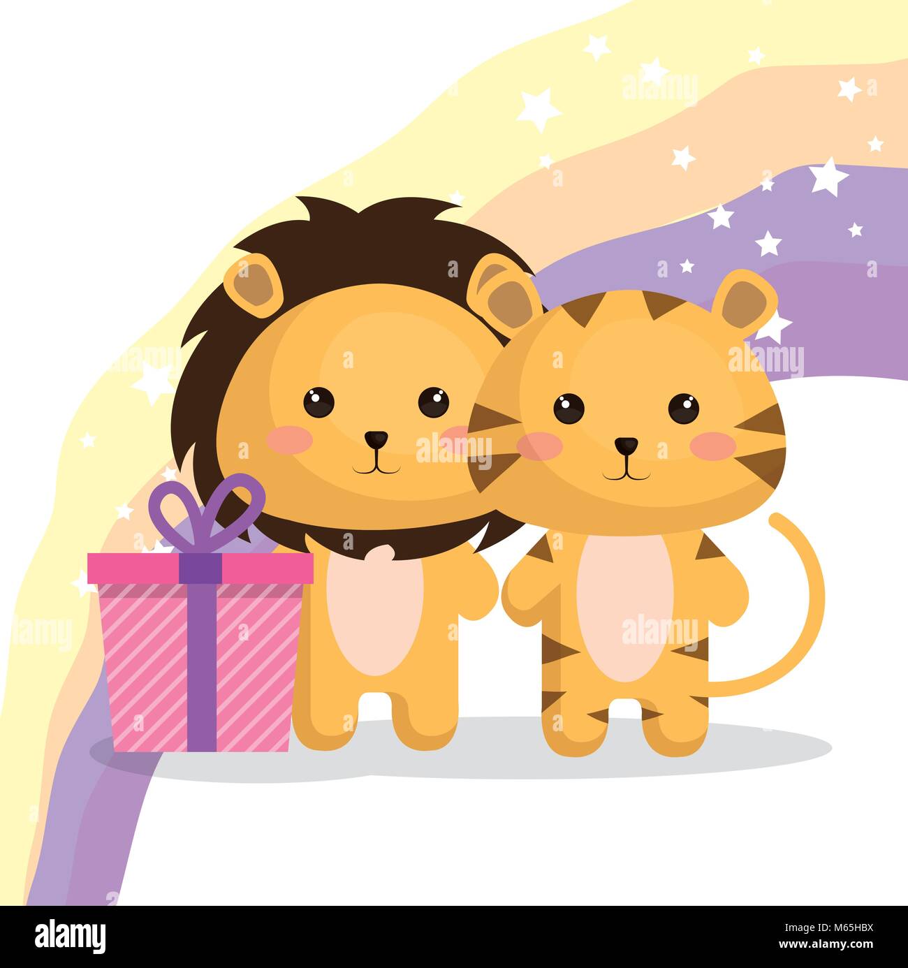 Kawaii Cute Couple Lions Carte D Anniversaire Image Vectorielle Stock Alamy
