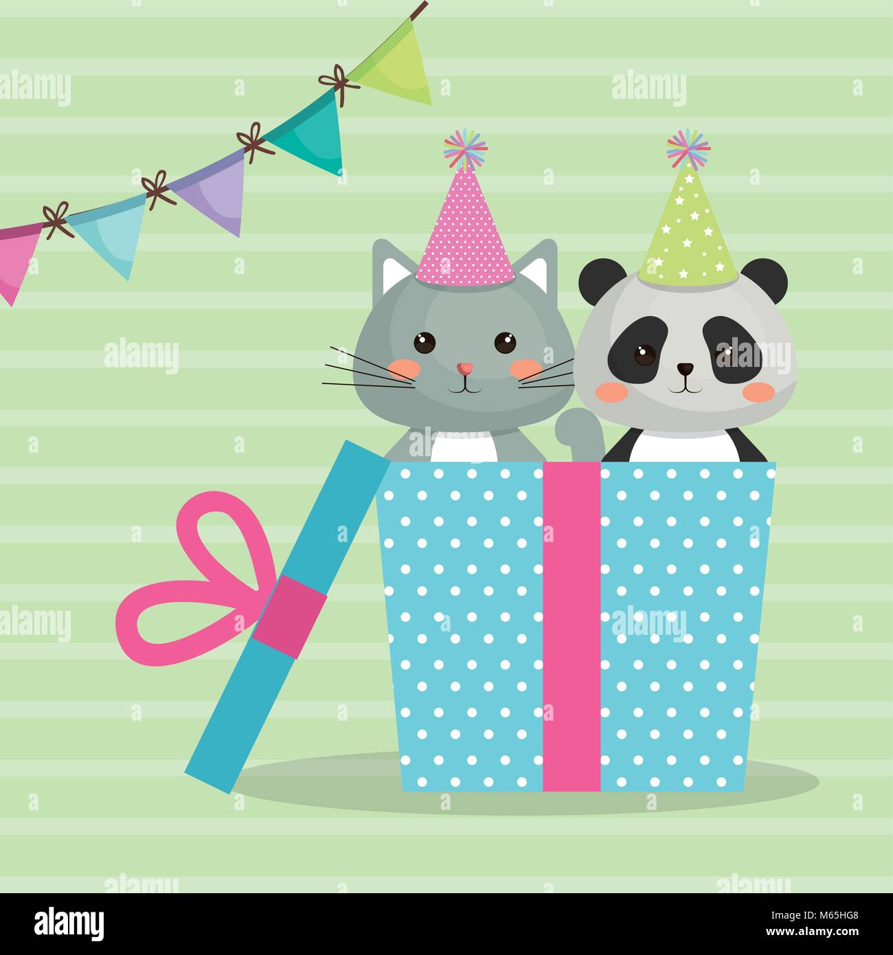 Chat Mignon Avec Panda Bear Sweet Kawaii Character Carte D Anniversaire Image Vectorielle Stock Alamy