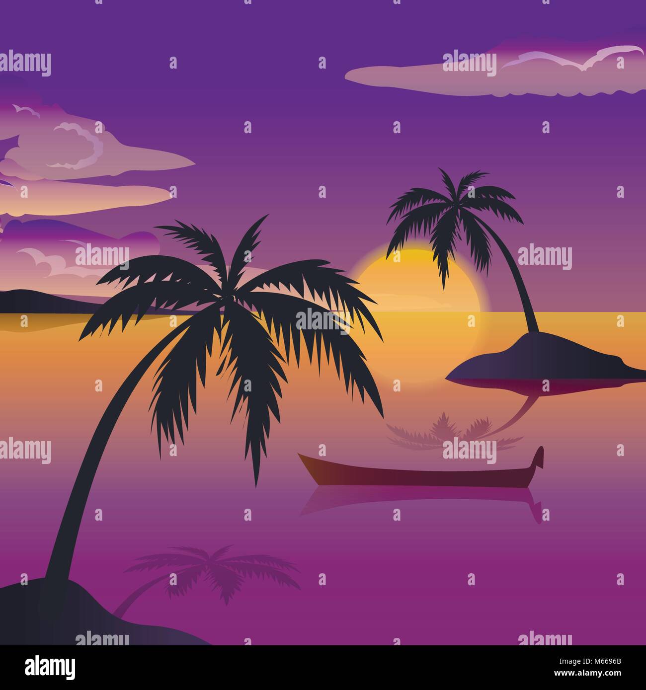 Paysage de mer tropicale, silhouettes noires, avec des palmiers , les nuages, ciel avec nuages, soleil, bateau en bois Illustration de Vecteur