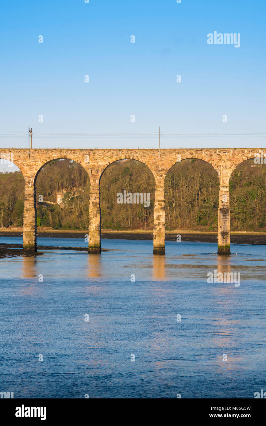La frontière royale pont conçu par Robert Stephenson (1850) enjambant le tweed près de la ville frontalière de Berwick upon Tweed, Northumberland, England, UK Banque D'Images