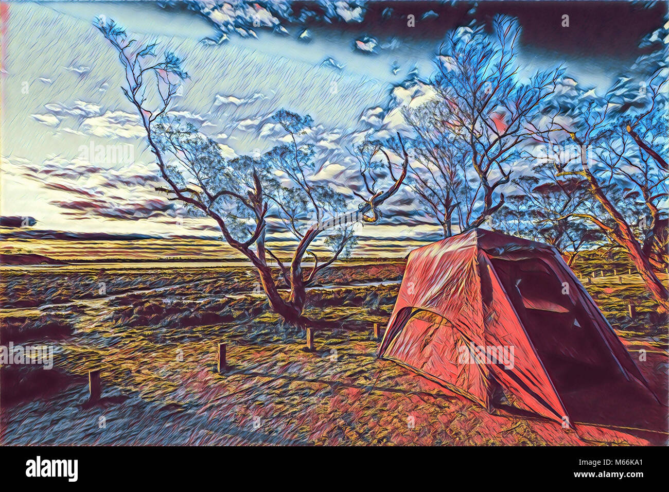 Dessin numérique d'une tente dans la campagne Banque D'Images
