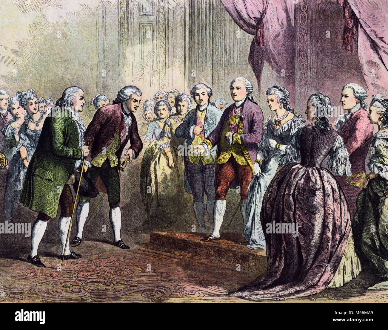1776 OU 1777 Benjamin Franklin était présentée comme AMBASSADEUR À LA COUR DE LOUIS XVI DEMI-TEINTE COULEUR - kh13247 CPC001 HARS a présenté à l'ANCIENNE LOUIS XVI Banque D'Images