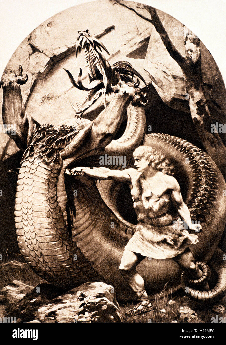 Années 1900, ILLUSTRATION DE LA KILLIING LE DRAGON FAFNIR AU HAUT MOYEN CONTE ALLEMAND Nibelungen - kh13522 NAW001 MÂLES HARS PRINCE B&W NOIR ET BLANC de Der Ring des Nibelungen (tueur de dragon FAFNIR LÉGENDE MYTHE GERMANIQUE TUE TUE des Nibelungen à l'ancienne mythologie scandinave vieux norrois PERSONNES RICHARD WAGNER SIEGFRIED SIGURD TERRASSANT L'ANNEAU L'ANNEAU DES NIBELUNGEN Banque D'Images