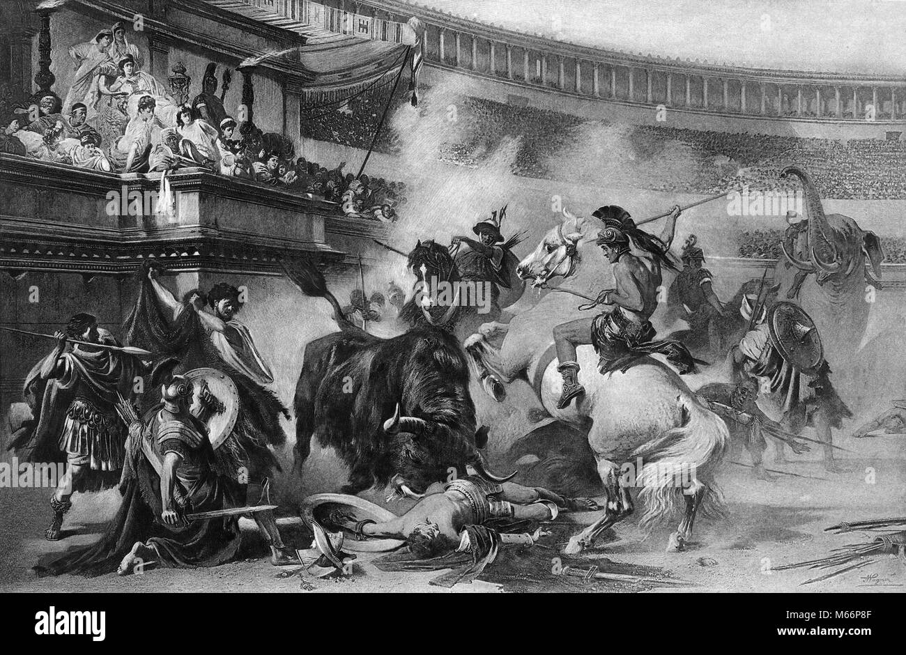 Gravure corrida dans l'arène romaine TOUS LES COMBATS d'éléphants CHEVAUX GLADIATEURS AVANT DE SPECTATEURS ANCIEN EMPIRE ROMAIN - q61206 CPC001 GLADIATEURS HARS petit groupe d'animaux mâles furieux combat ARENA 200 200 AV 2E SIÈCLE Les combats armés B&W NOIR ET BLANC DE BCE CORRIDA CORRIDA TAUREAUX COMBATTANTS VIEUX COLISÉE PROFESSIONS PERSONNES ROME PRISONNIERS ESCLAVES TRIDENTS SHIELDS Banque D'Images